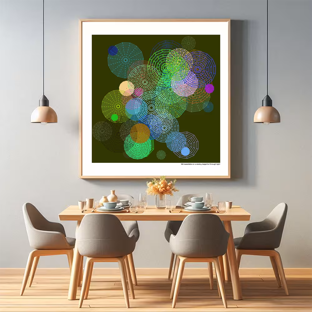 50 mazedisks on a smoky magenta through light in room setting