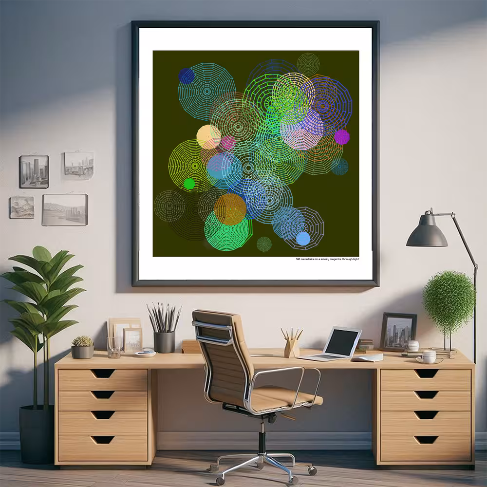 50 mazedisks on a smoky magenta through light in room setting