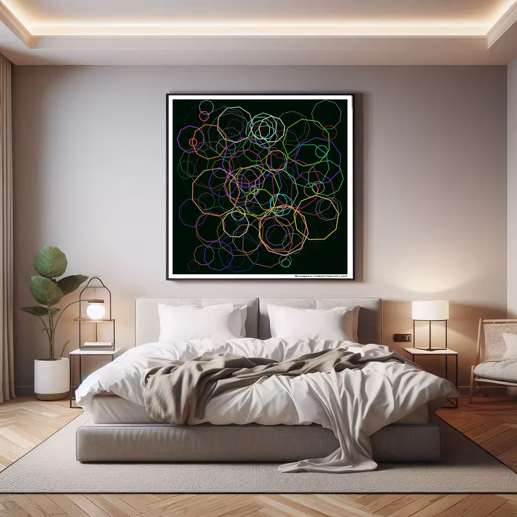 96 nonagons on translucent black with a comet in room setting