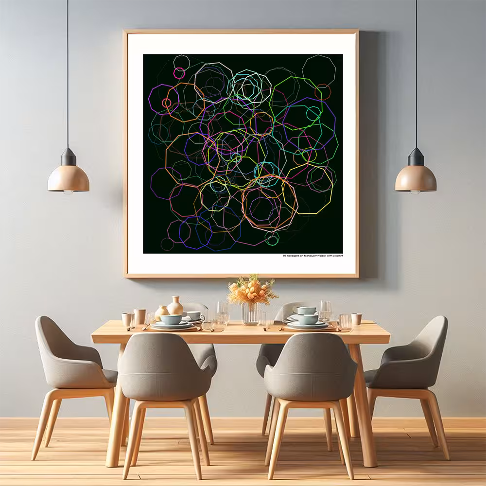 96 nonagons on translucent black with a comet in room setting