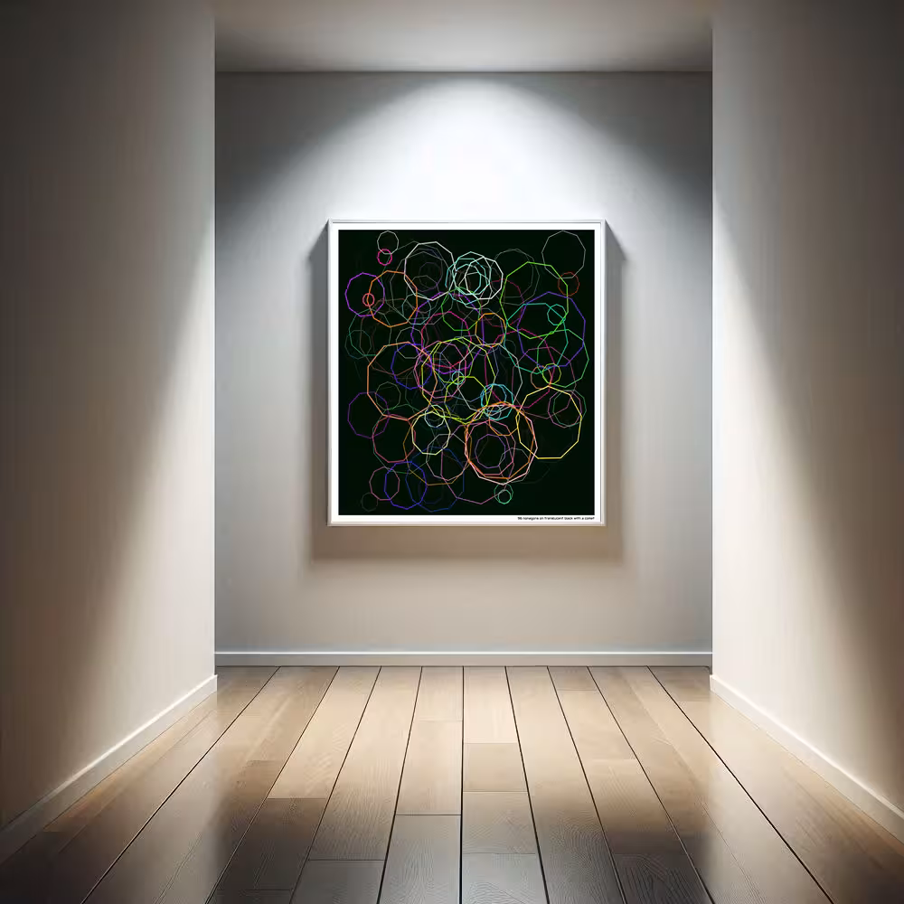 96 nonagons on translucent black with a comet in room setting