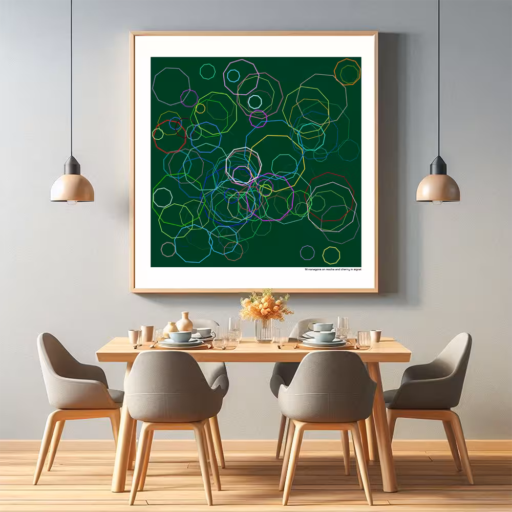 91 nonagons on mocha and cherry in signal in room setting