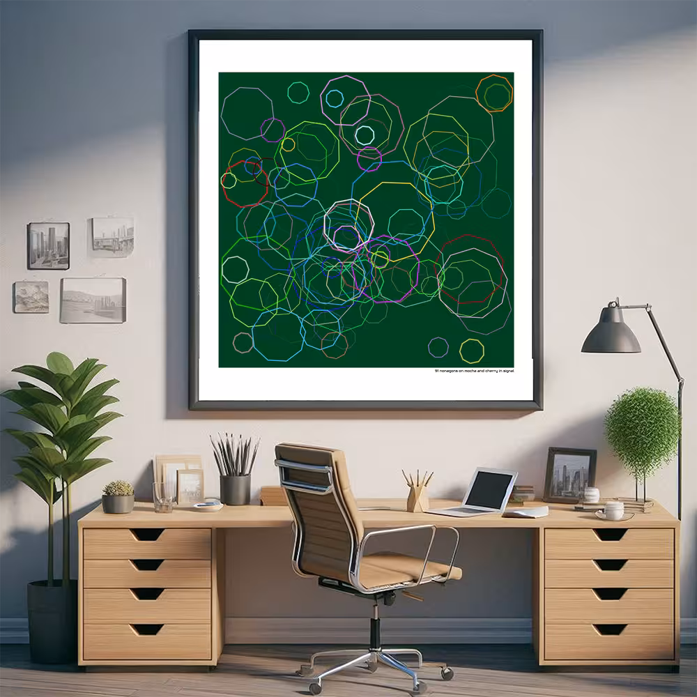 91 nonagons on mocha and cherry in signal in room setting