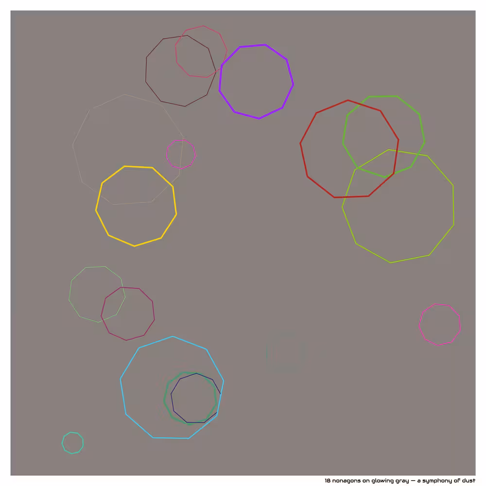 18 nonagons on glowing gray — a symphony of dust