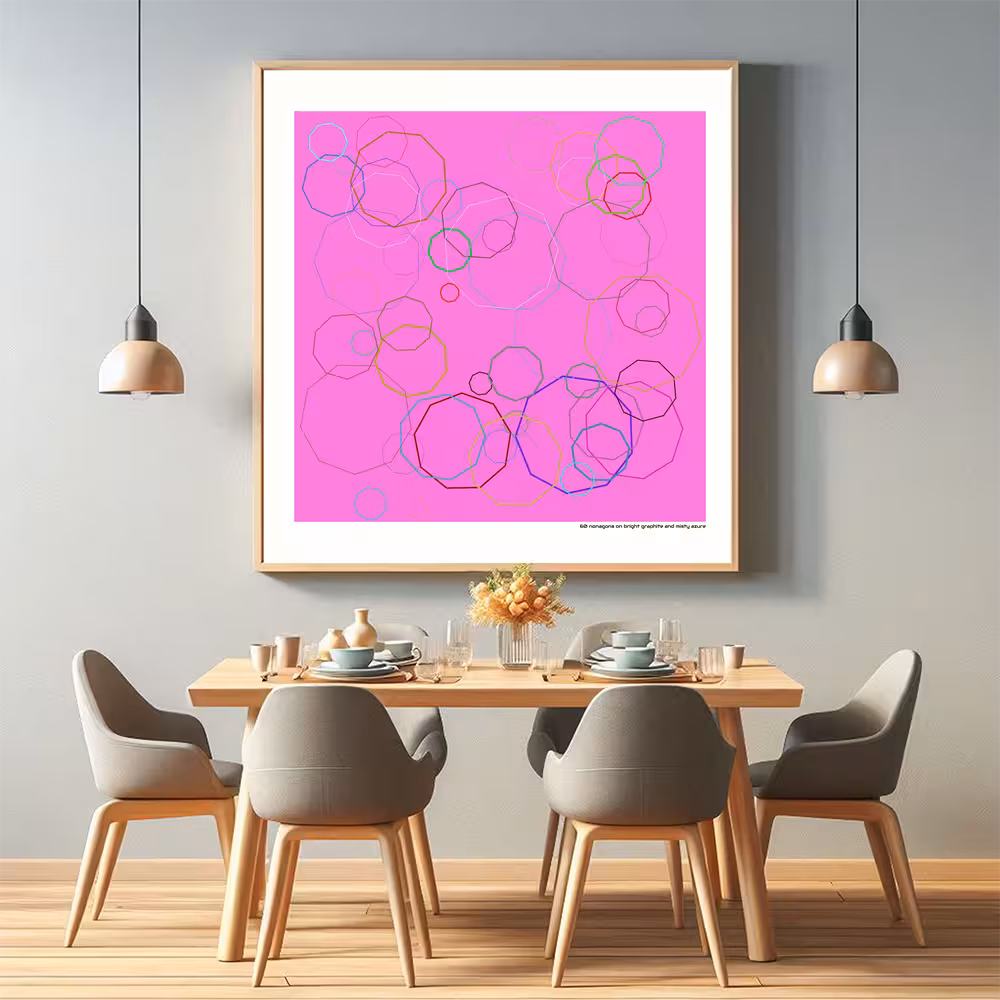 60 nonagons on bright graphite and misty azure in room setting