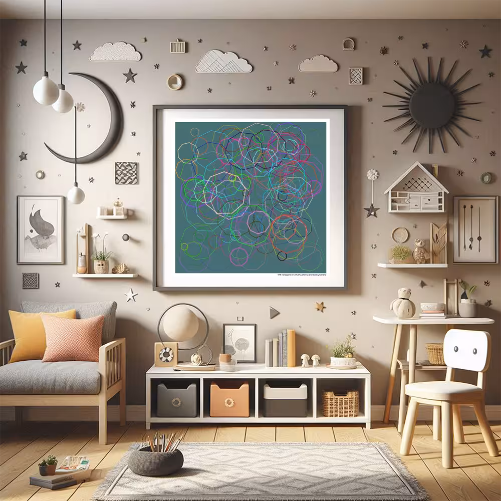 170 nonagons on velvety cherry and dusky banana in room setting