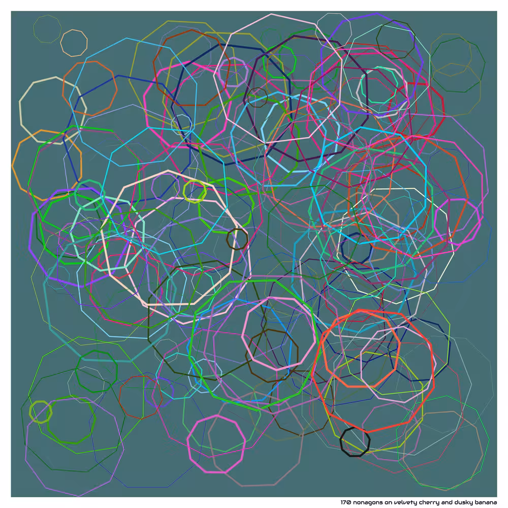 170 nonagons on velvety cherry and dusky banana