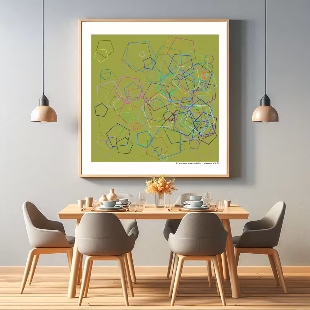 134 pentagons on serene butter — a tapestry of drift in room setting