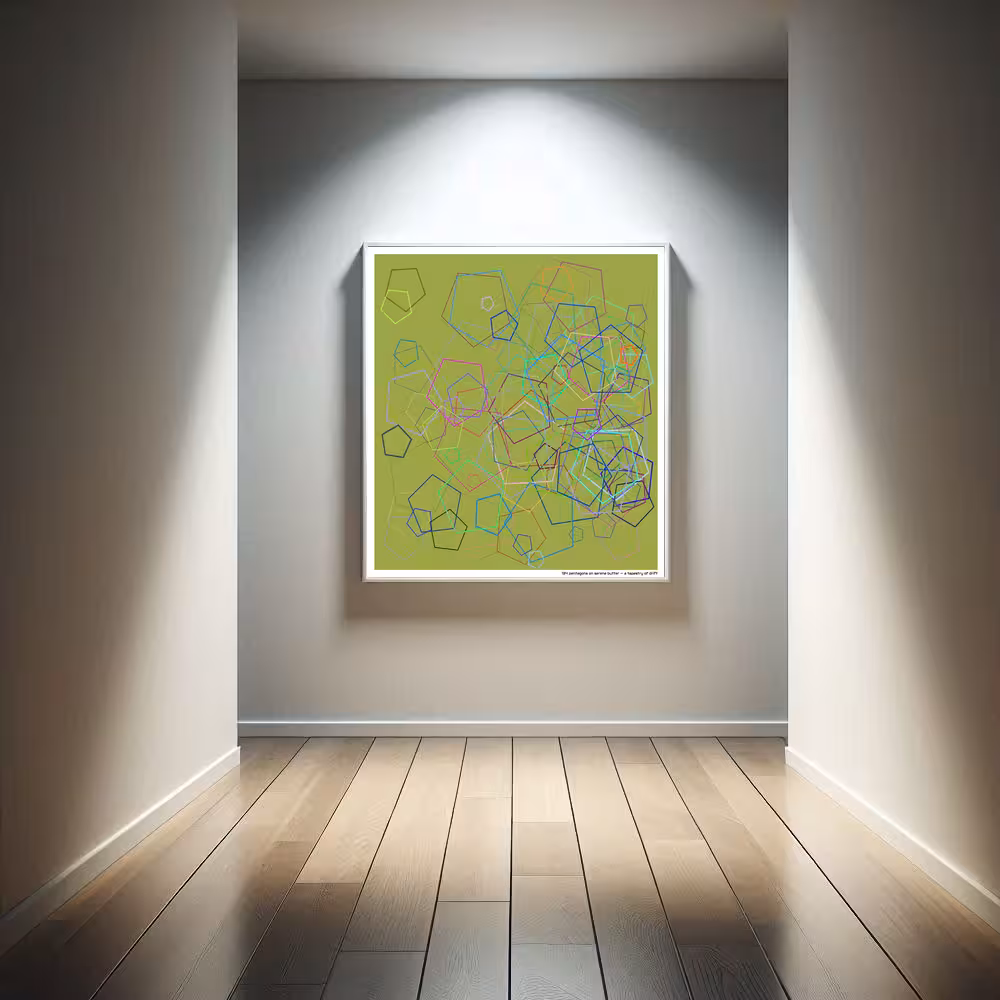 134 pentagons on serene butter — a tapestry of drift in room setting