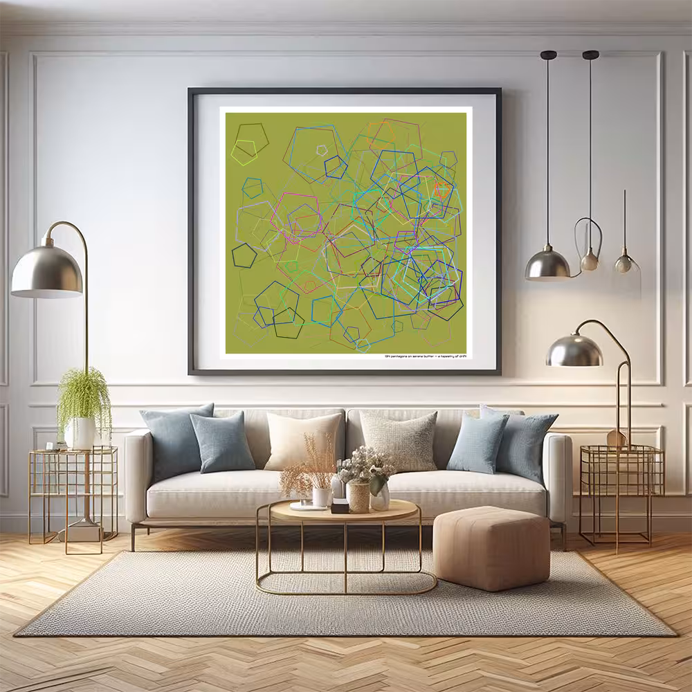 134 pentagons on serene butter — a tapestry of drift in room setting