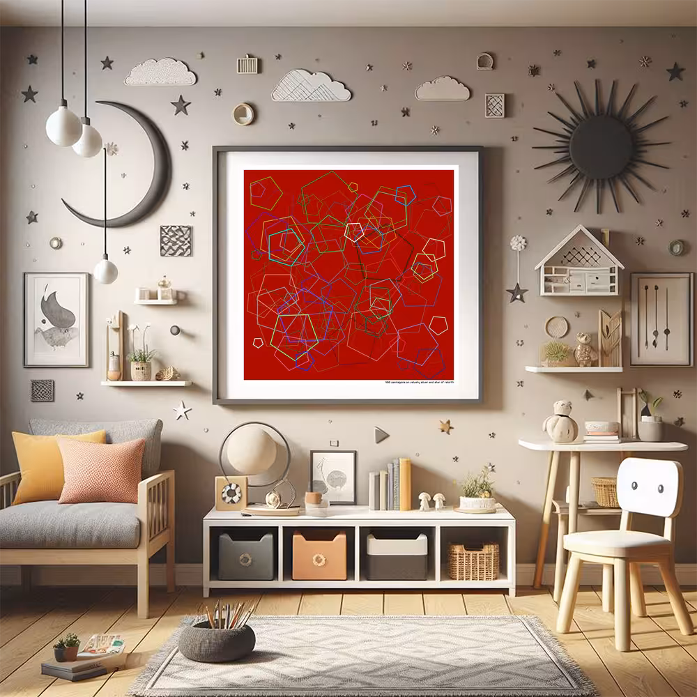 100 pentagons on velvety silver and star of rebirth in room setting