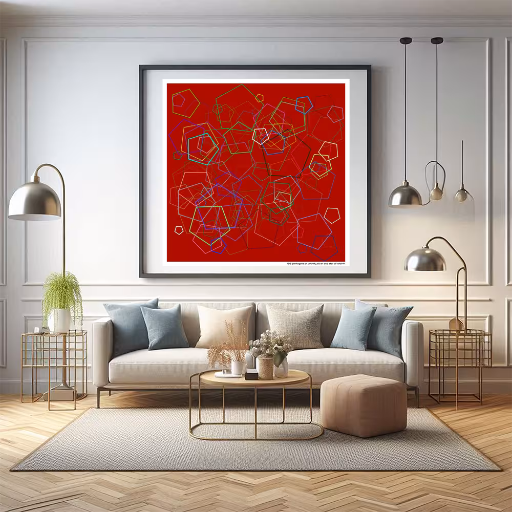 100 pentagons on velvety silver and star of rebirth in room setting