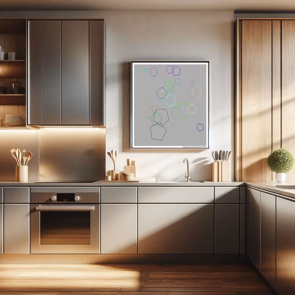 33 pentagons on luminous gray and ink of whirlpool in room setting