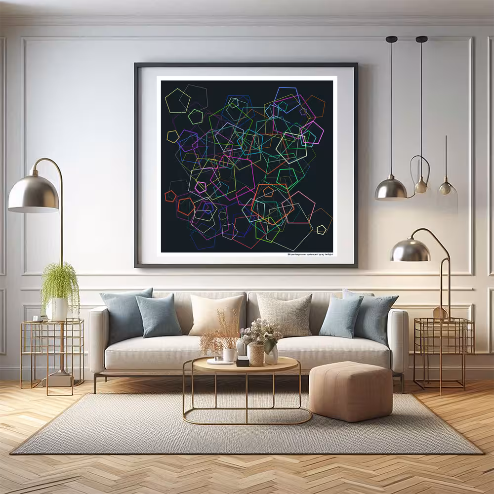 96 pentagons on opalescent gray twilight in room setting