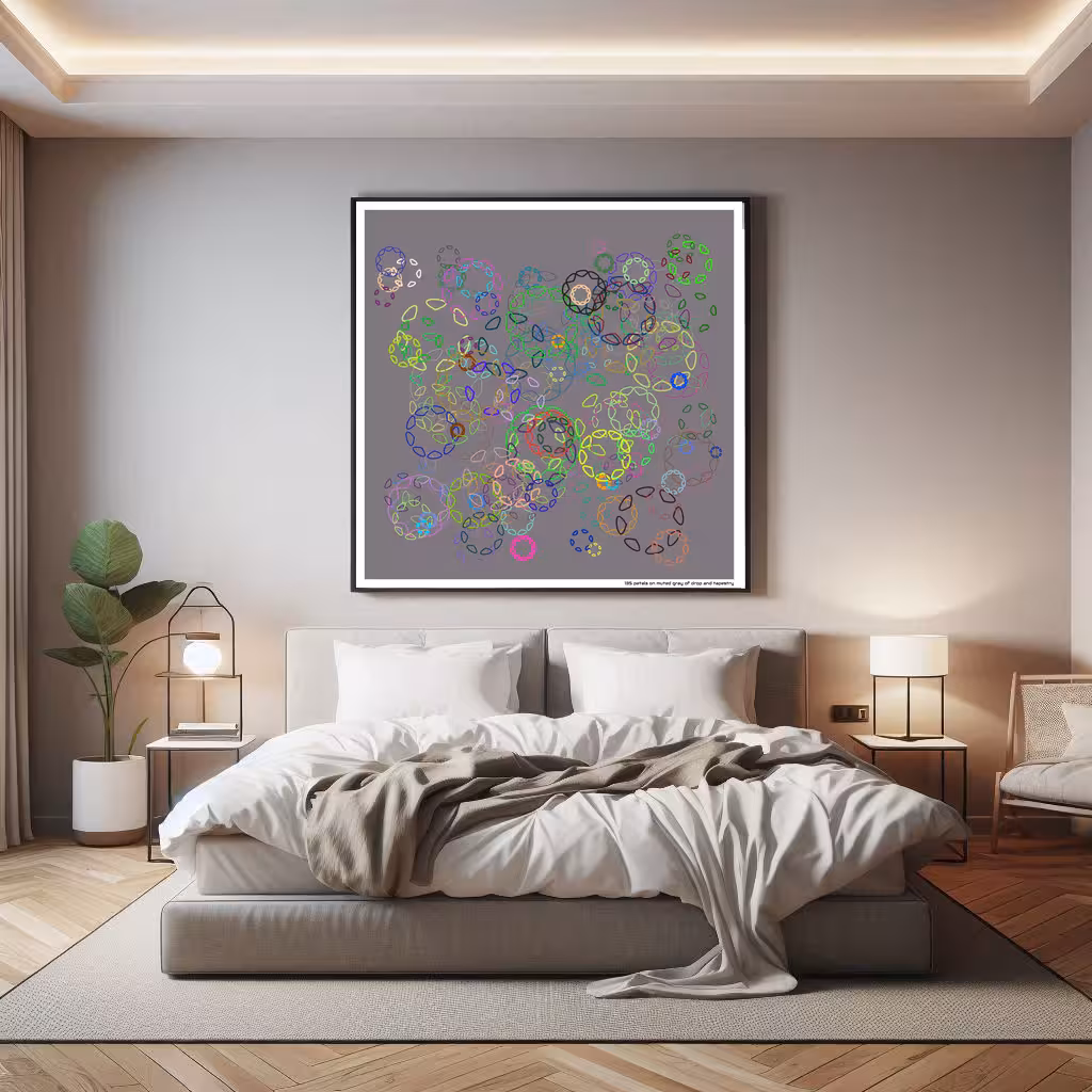 135 petals on muted gray of drop and tapestry in room setting