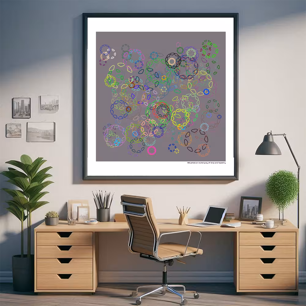 135 petals on muted gray of drop and tapestry in room setting