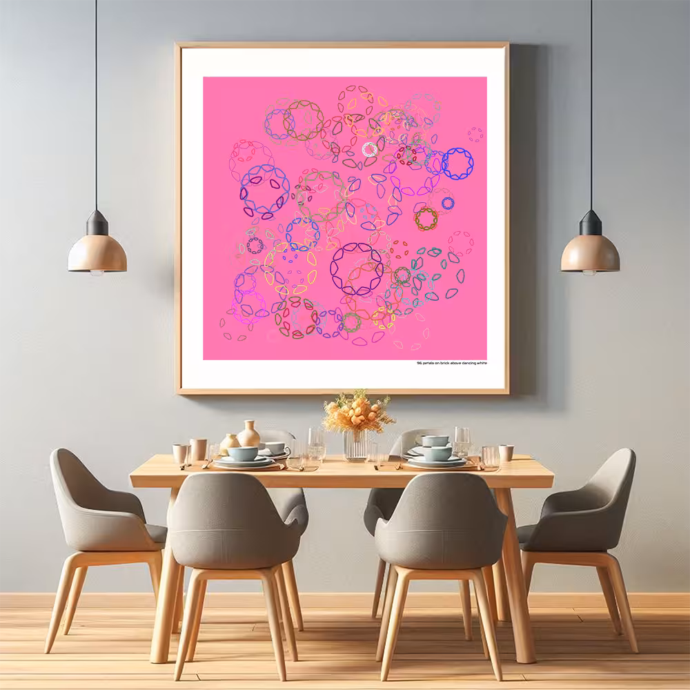 96 petals on brick above dancing white in room setting