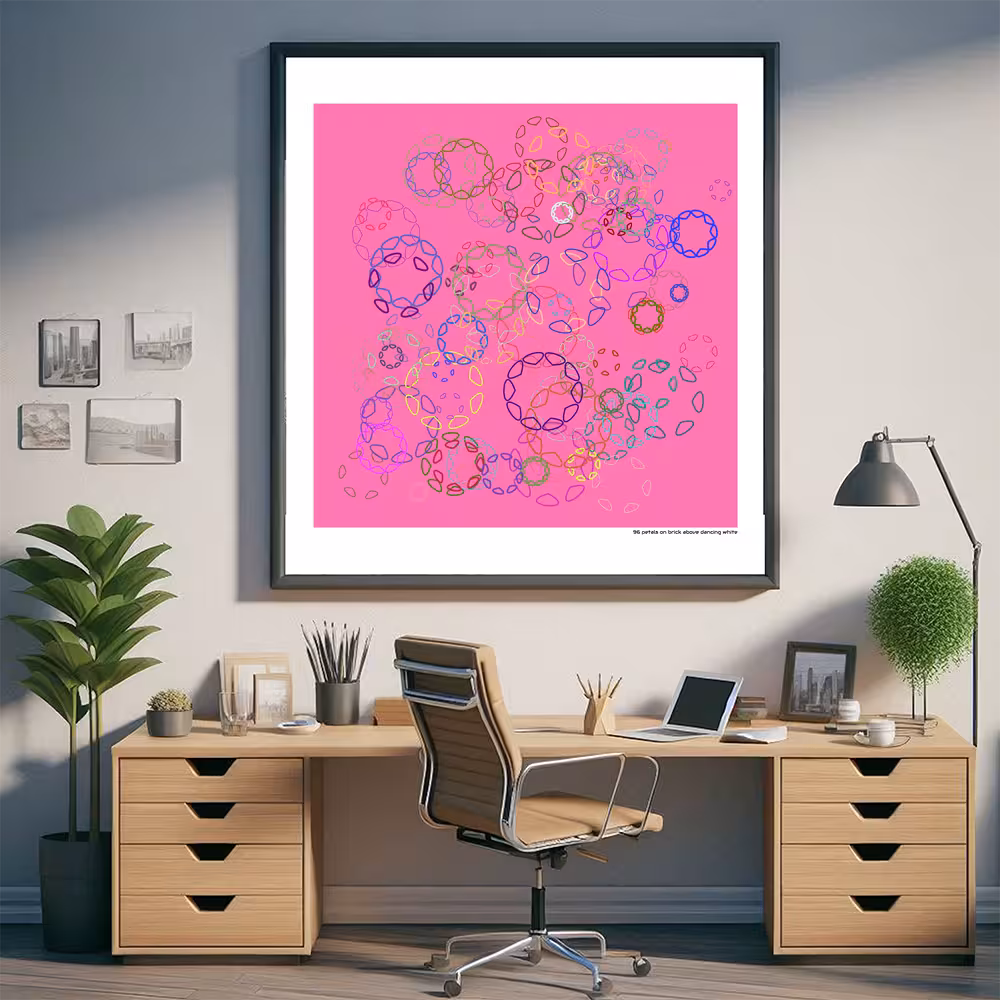 96 petals on brick above dancing white in room setting