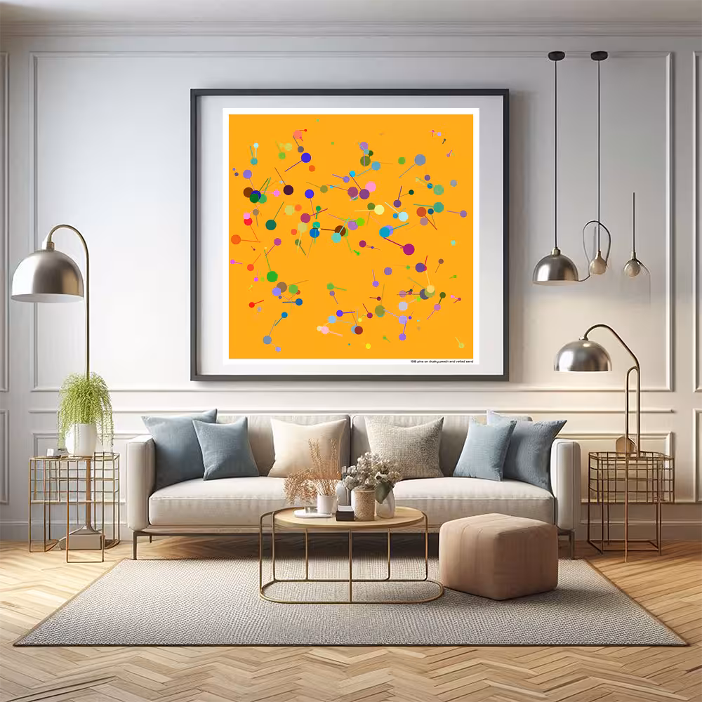 150 pins on dusky peach and veiled sand in room setting