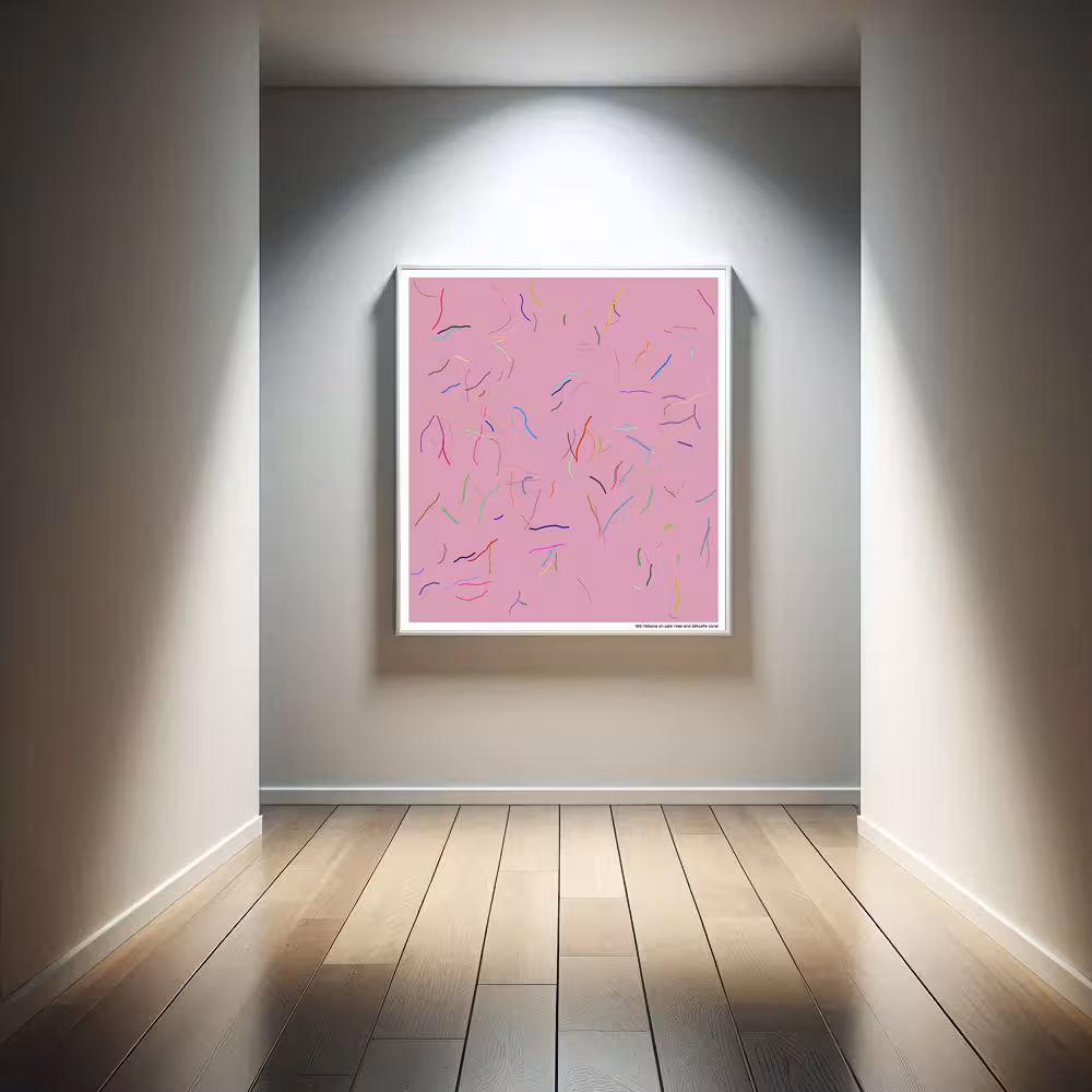 165 ribbons on pale rose and delicate coral in room setting