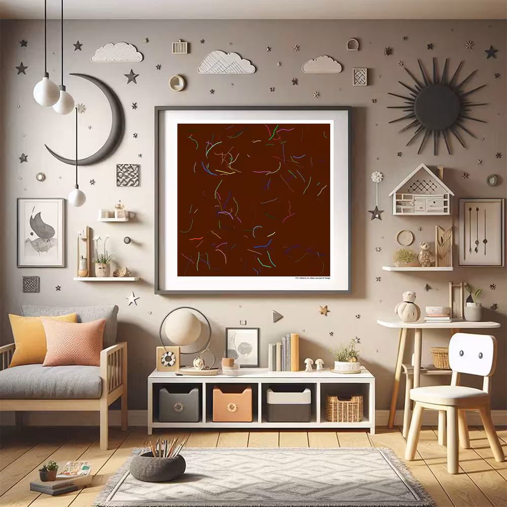 144 ribbons on deep canvas of beige in room setting