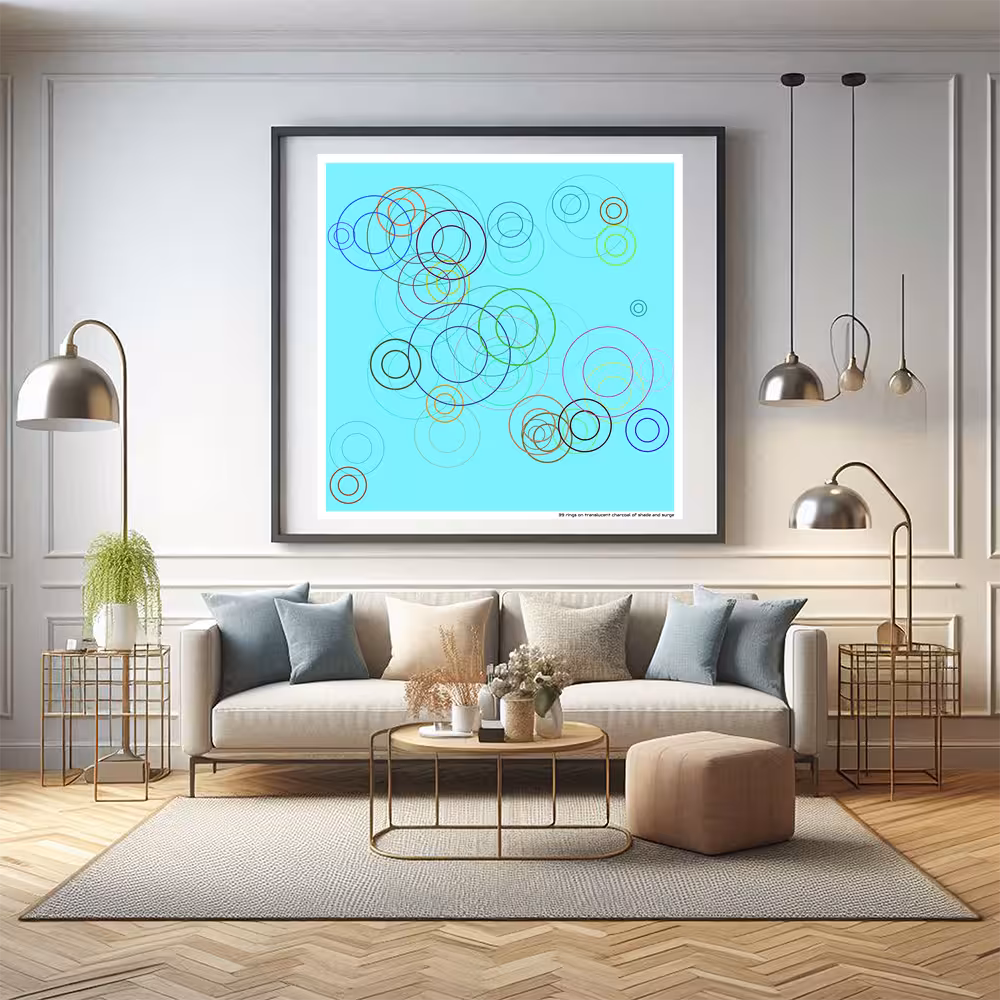 39 rings on translucent charcoal of shade and surge in room setting