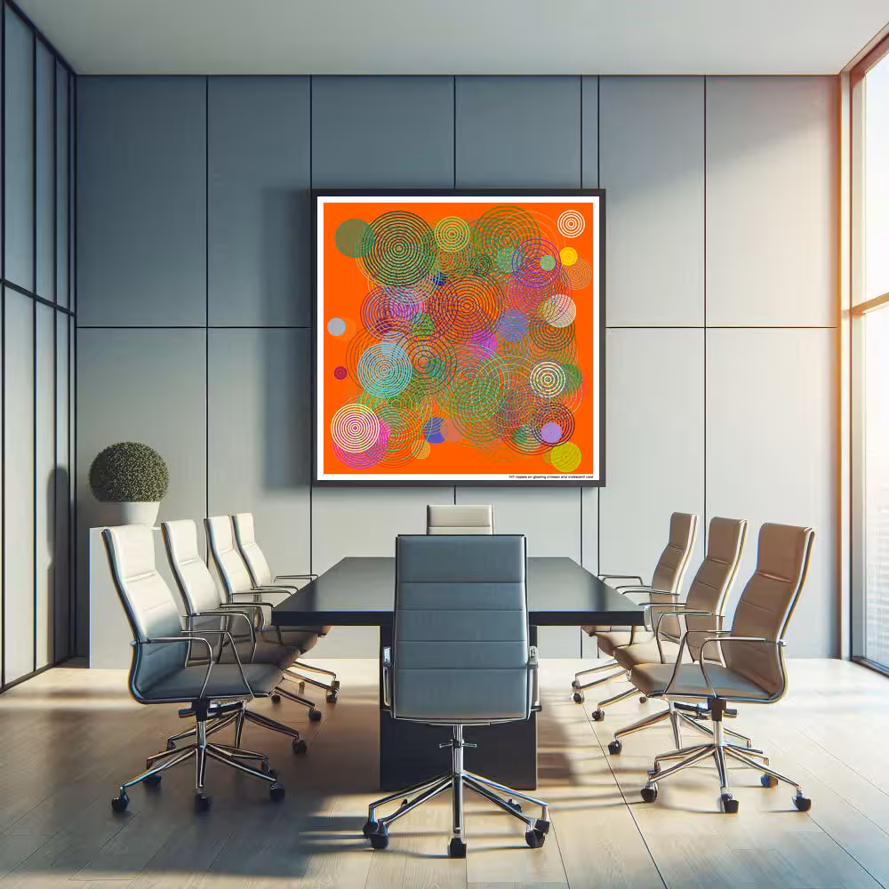 147 ripples on glowing crimson and iridescent void in room setting