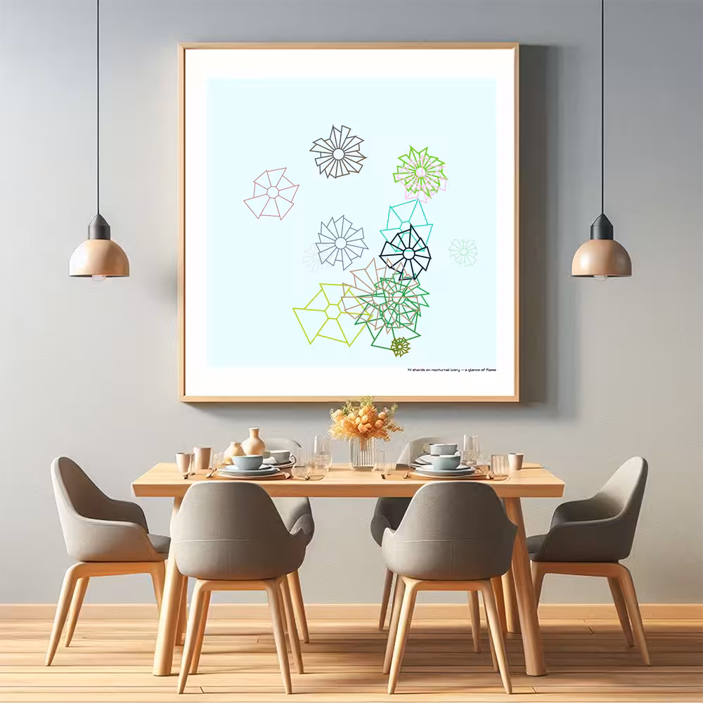 14 shards on nocturnal ivory — a glance of flame in room setting