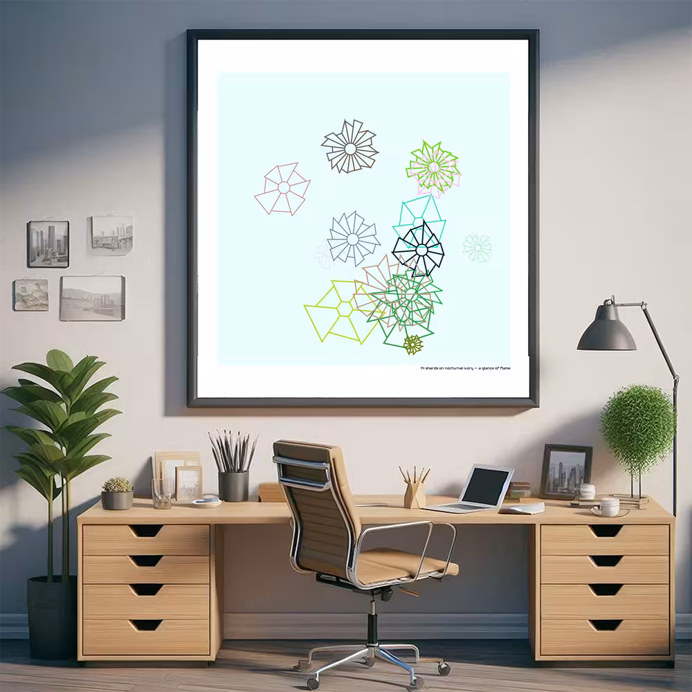 14 shards on nocturnal ivory — a glance of flame in room setting