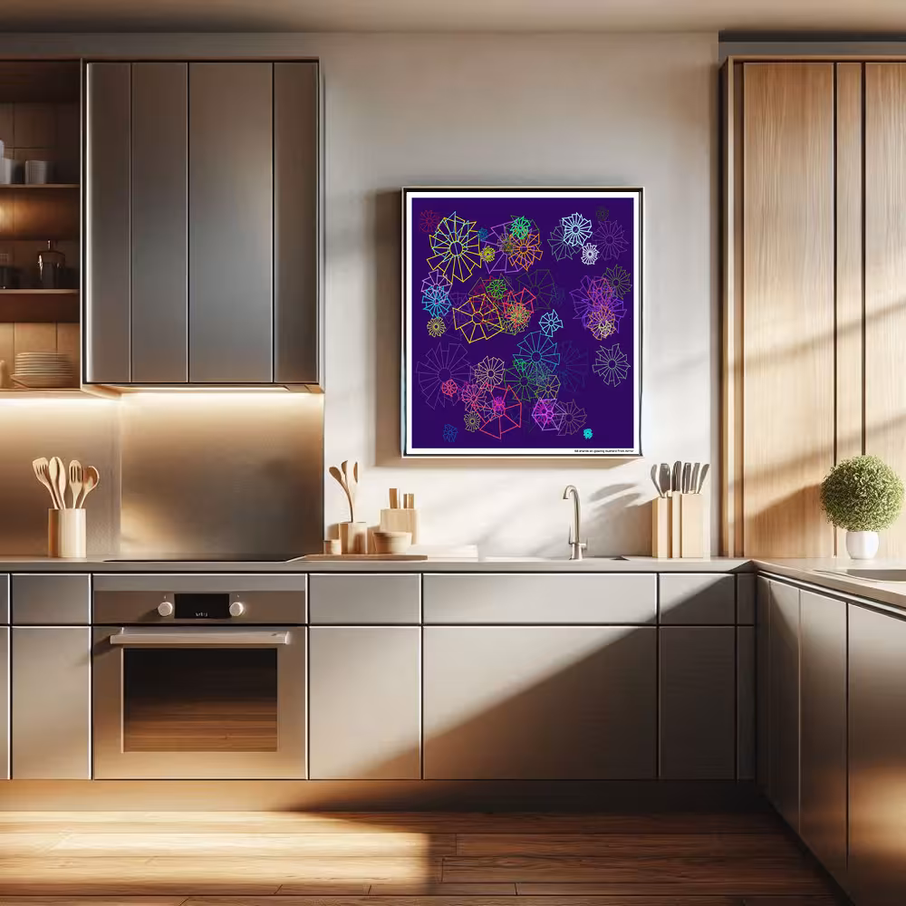 68 shards on glowing mustard from mirror in room setting