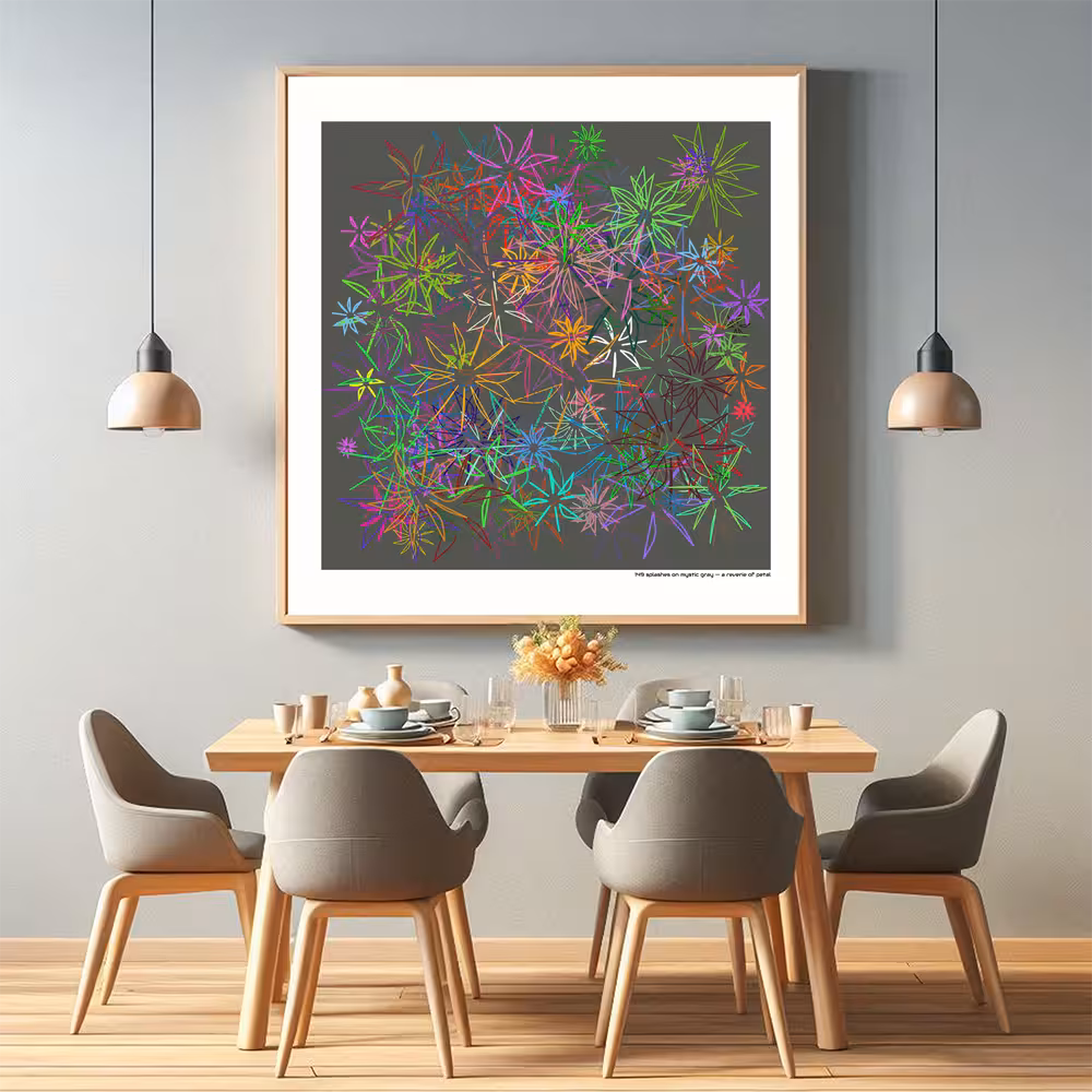 149 splashes on mystic gray — a reverie of petal in room setting