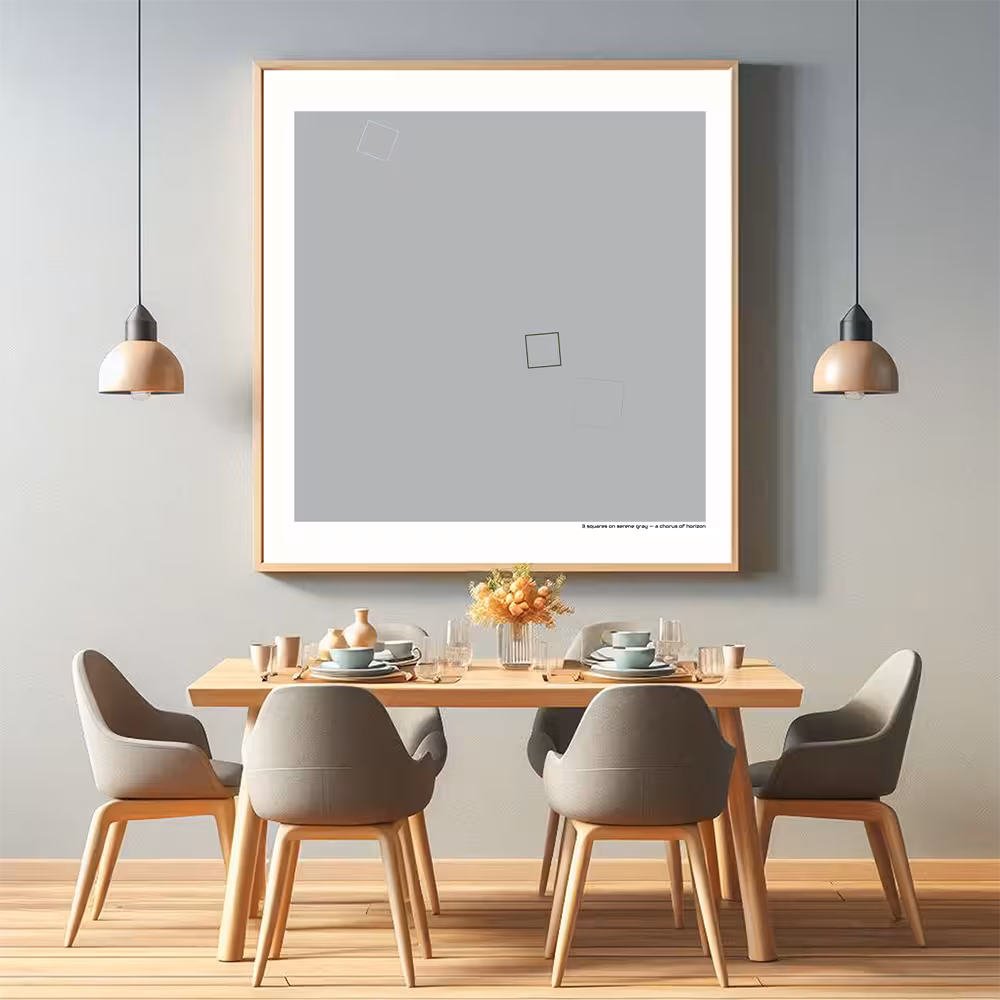 3 squares on serene gray — a chorus of horizon in room setting