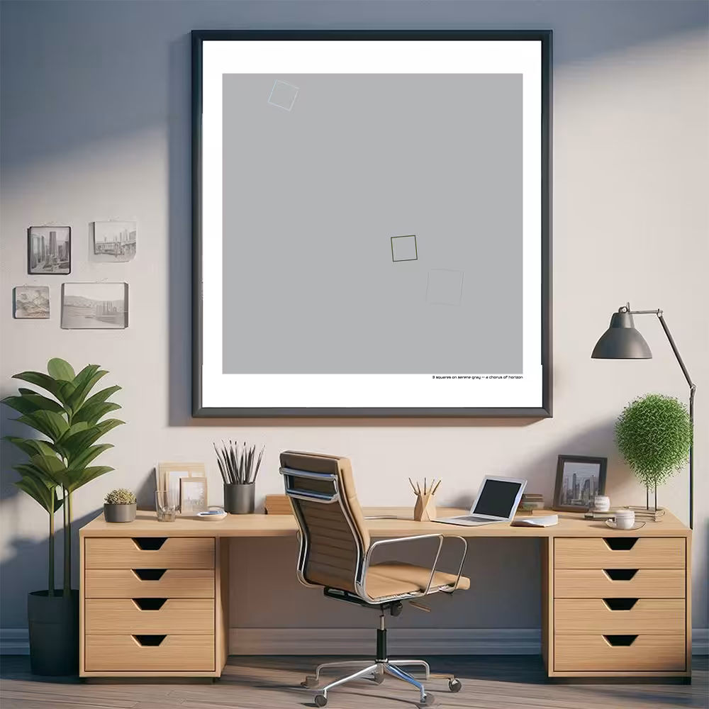 3 squares on serene gray — a chorus of horizon in room setting