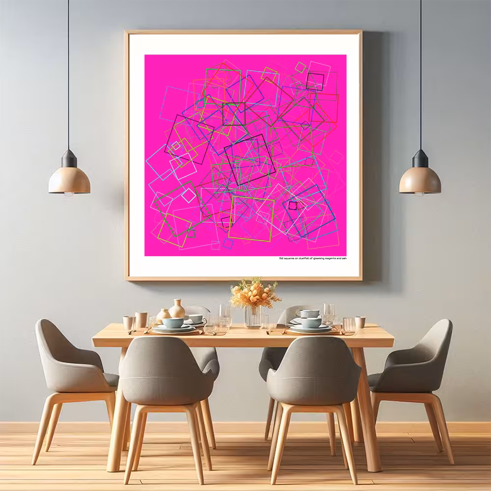 152 squares on dustfall of gleaming magenta and ash in room setting