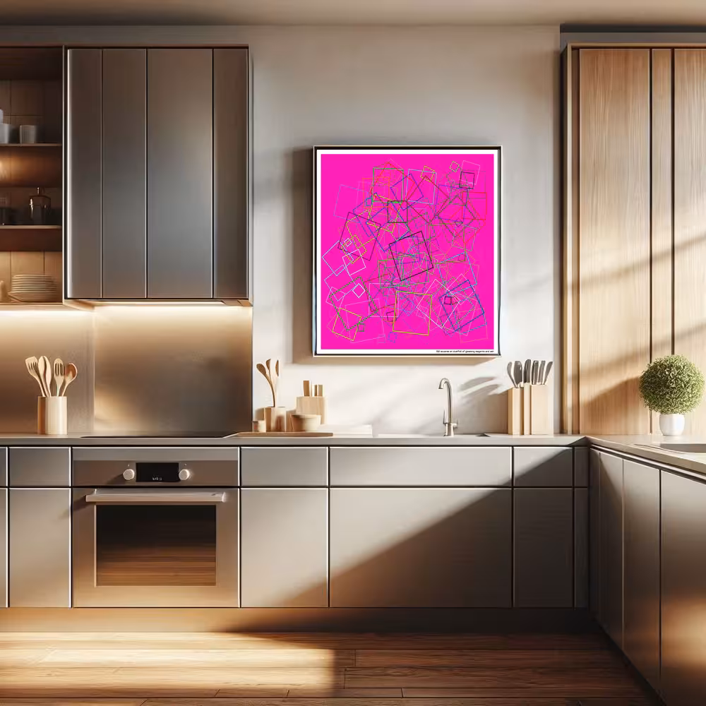 152 squares on dustfall of gleaming magenta and ash in room setting