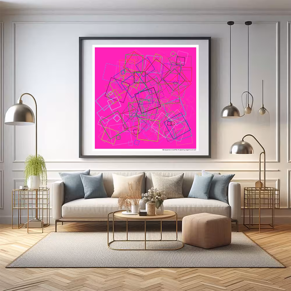152 squares on dustfall of gleaming magenta and ash in room setting