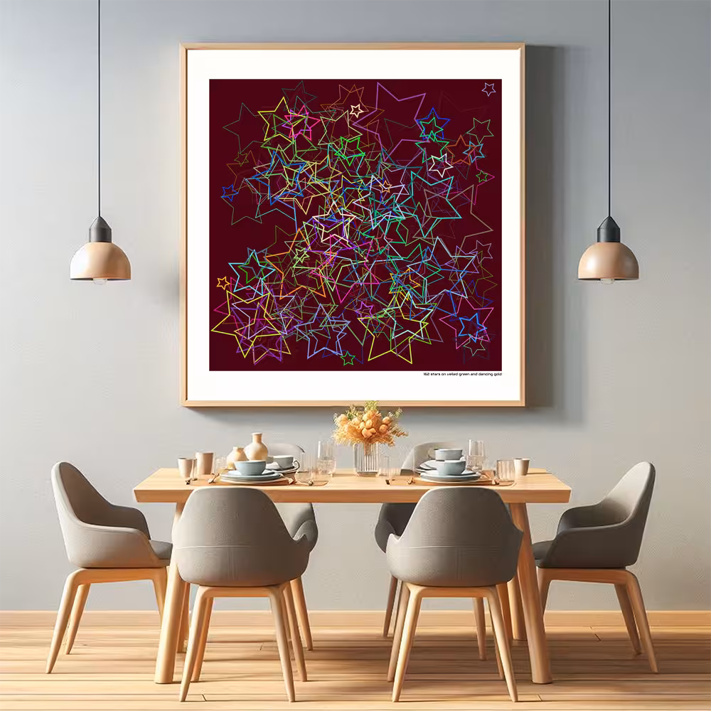 162 stars on veiled green and dancing gold in room setting