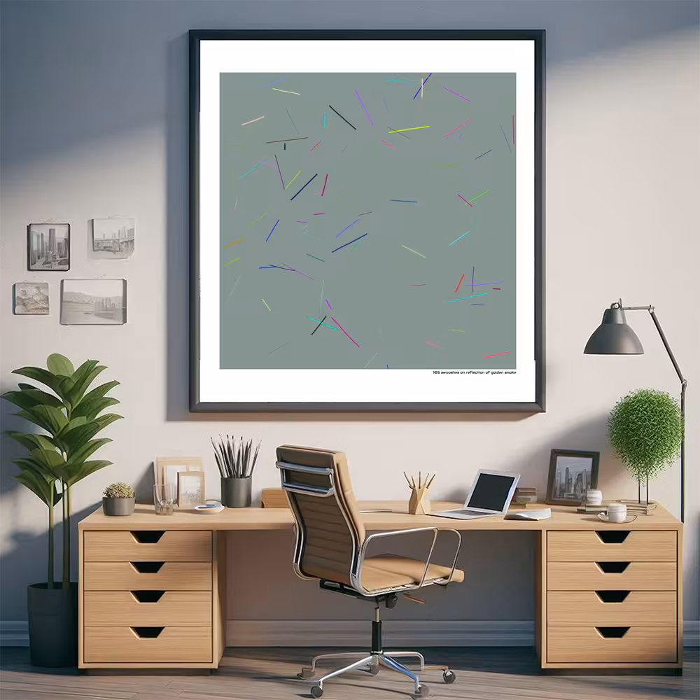 105 swooshes on reflection of golden smoke in room setting