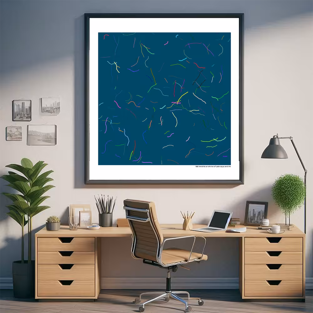 168 tendrils on shrine of pale aqua and ink in room setting