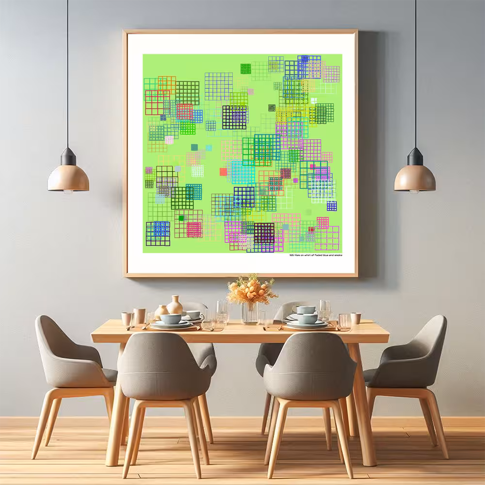 165 tiles on whirl of faded blue and smoke in room setting