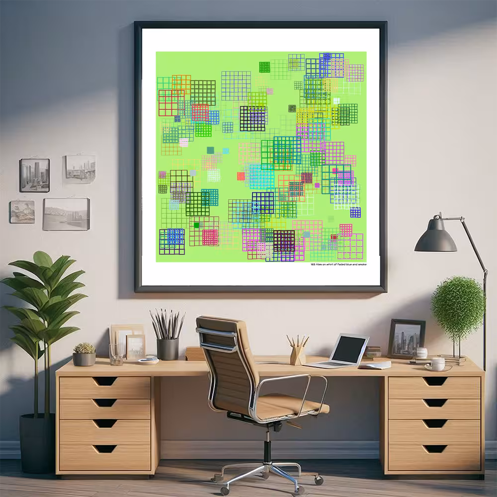 165 tiles on whirl of faded blue and smoke in room setting