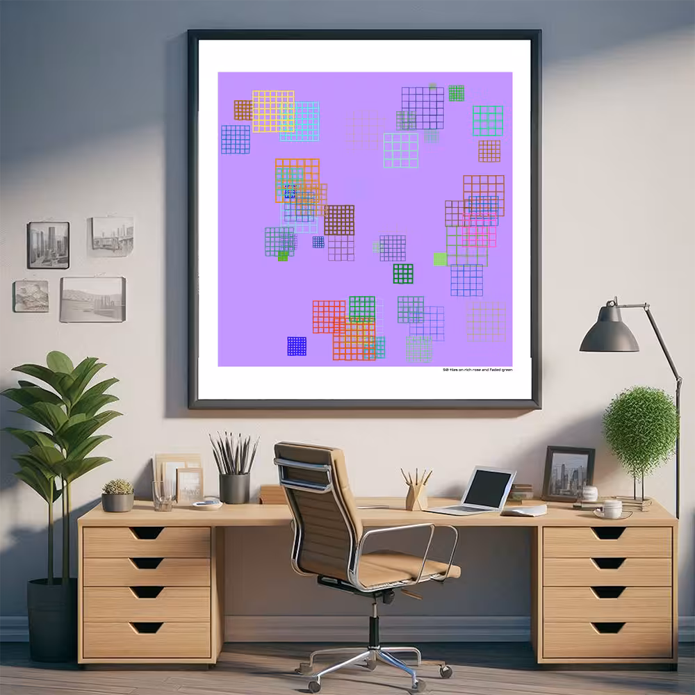 50 tiles on rich rose and faded green in room setting