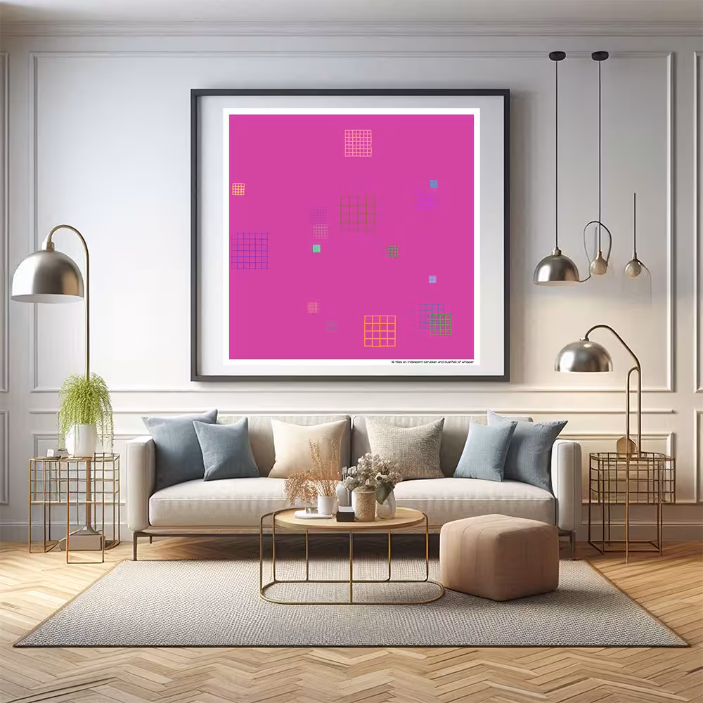 16 tiles on iridescent cerulean and dustfall of whisper in room setting