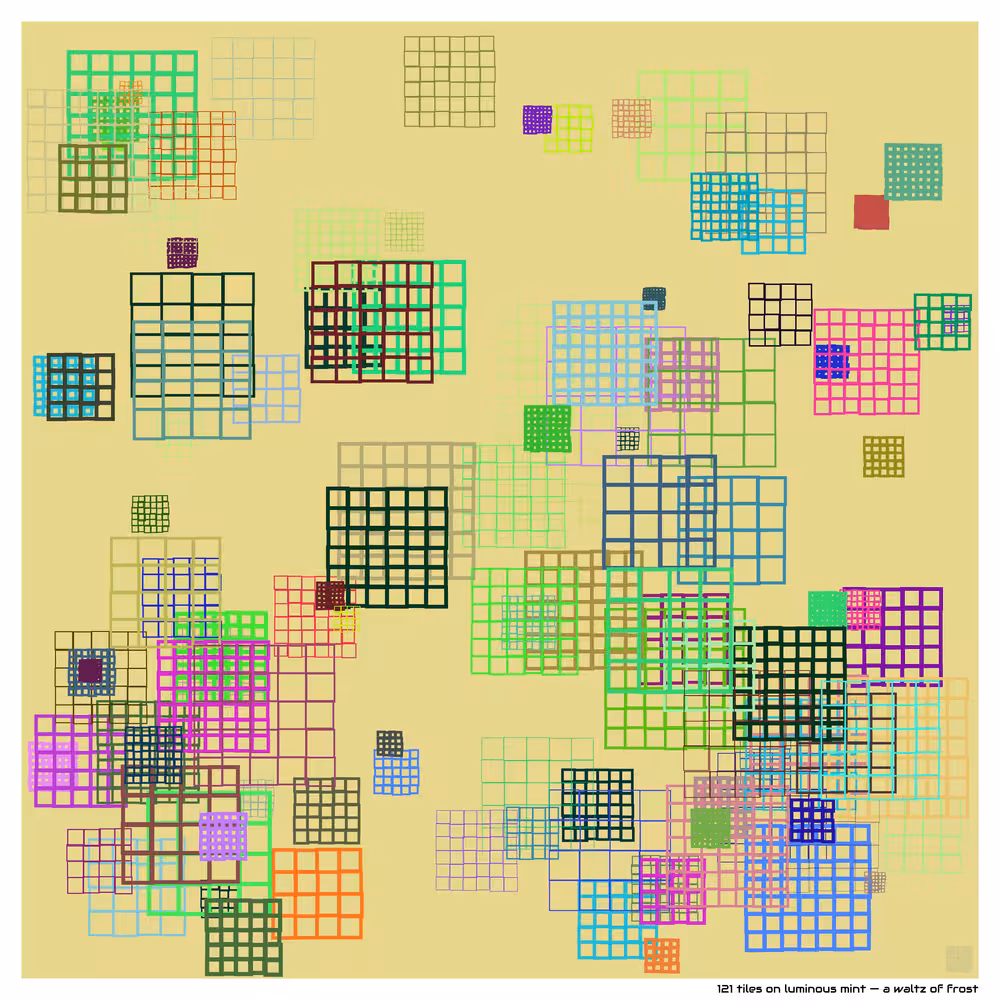 121 tiles on luminous mint — a waltz of frost
