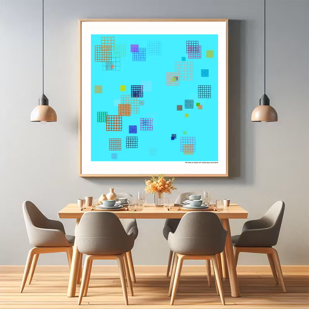 49 tiles on bloom of veiled aqua and sand in room setting