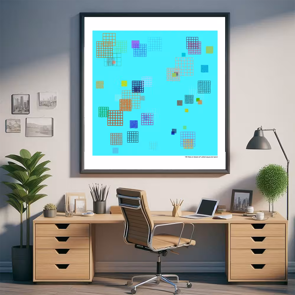 49 tiles on bloom of veiled aqua and sand in room setting