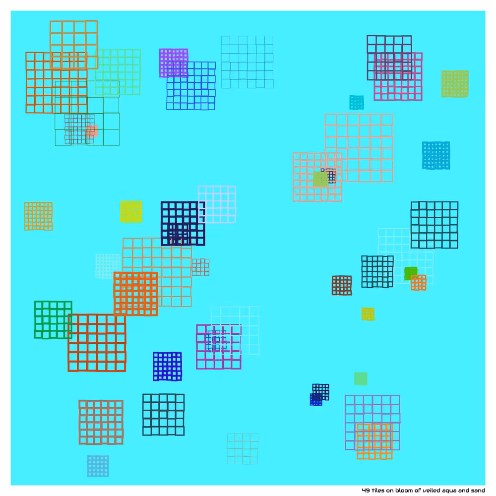 49 tiles on bloom of veiled aqua and sand