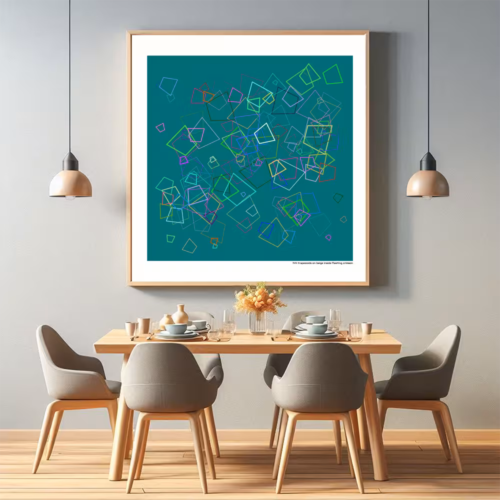 144 trapezoids on beige inside fleeting crimson in room setting