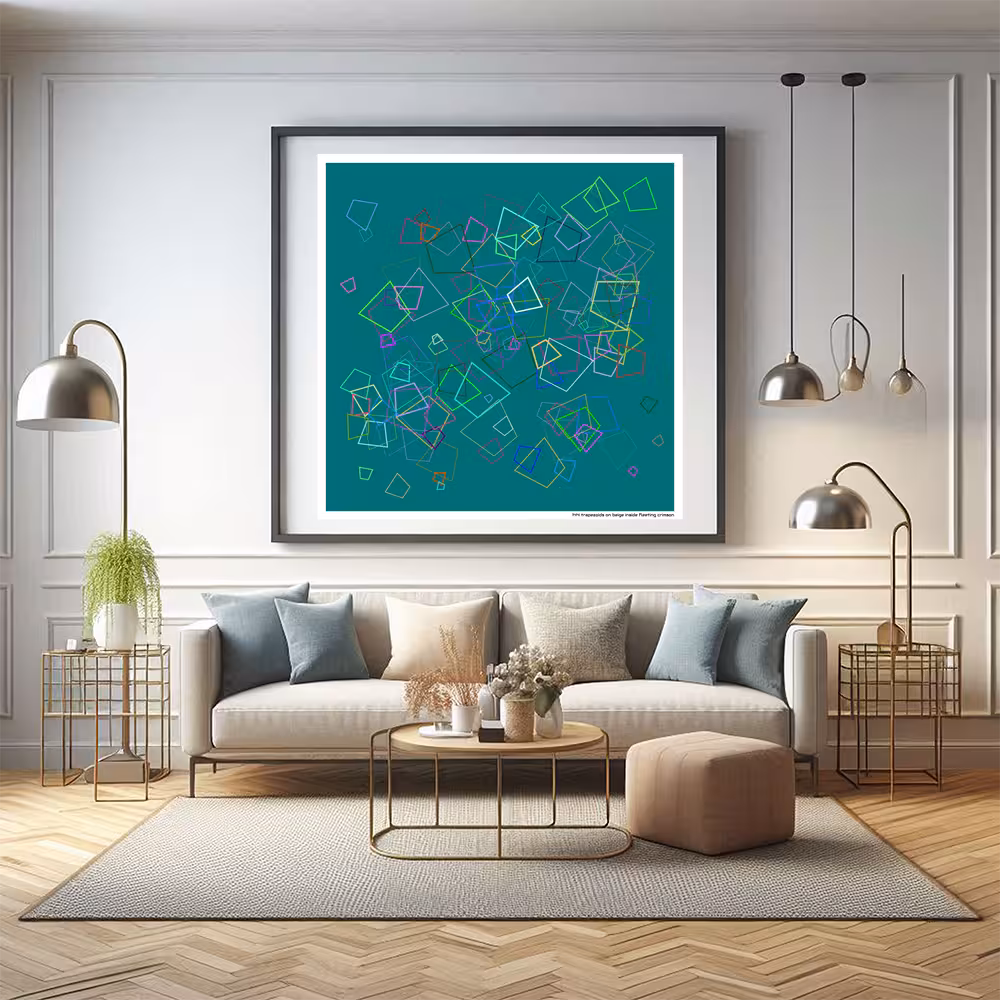 144 trapezoids on beige inside fleeting crimson in room setting