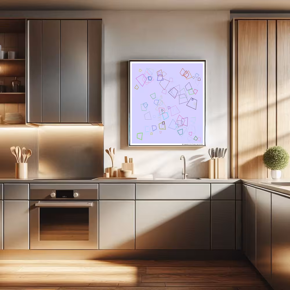 82 trapezoids on ink of broken rose and white in room setting